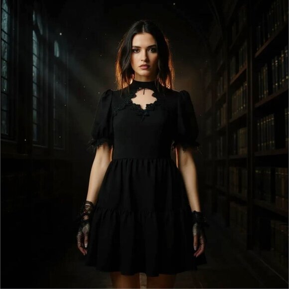 Angel Wing Doll Mini Dress Black Gothic Lace Up Back Puff Sleeve Elegant Alt S - Picture 3 of 8